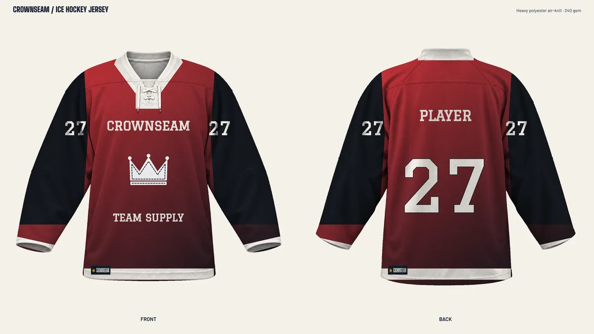 Red, black and white Crownseam ice hockey kit, showing a personalised front and back
